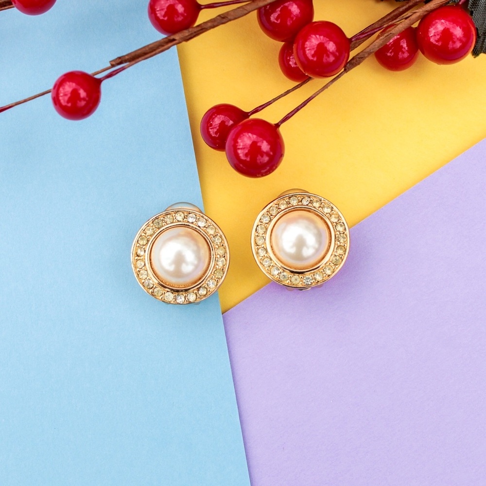 Christian Dior Gold Tone Pearl Crystal Earrings